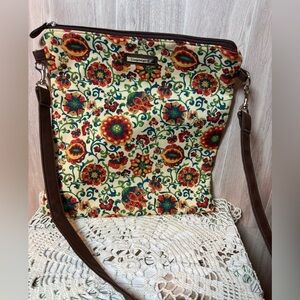 Longaberger Colorful Floral Fabric Crossbody Handbag with Metal Tag